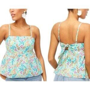 J. Crew Factory Women's Top 14 Tie Back Strappy Blouse Aqua Floral Peplum Bow